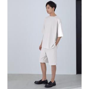 メンズ ルームウェア パジャマ 「セットアップ」カットジョーゼットリラックスストレッチ ワイドモックネック半袖Tシャツ＆1タックショートパンツ ワンマ