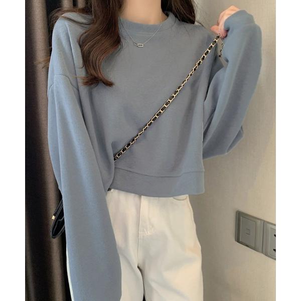 トレーナー スウェット 「程良く華奢魅せできるクロップド丈」やわらか長袖ラウンドネックスウェットプル...