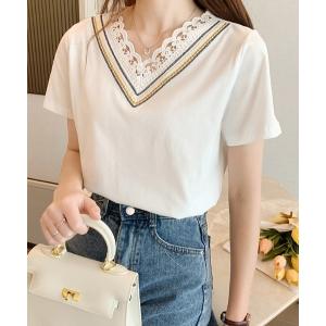 tシャツ Tシャツ 衿Vライン刺繍スカラップレースカットTシャツ レディース