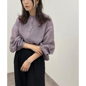 シャツ ブラウス シアー袖ボリュームバンドカラーシャツ