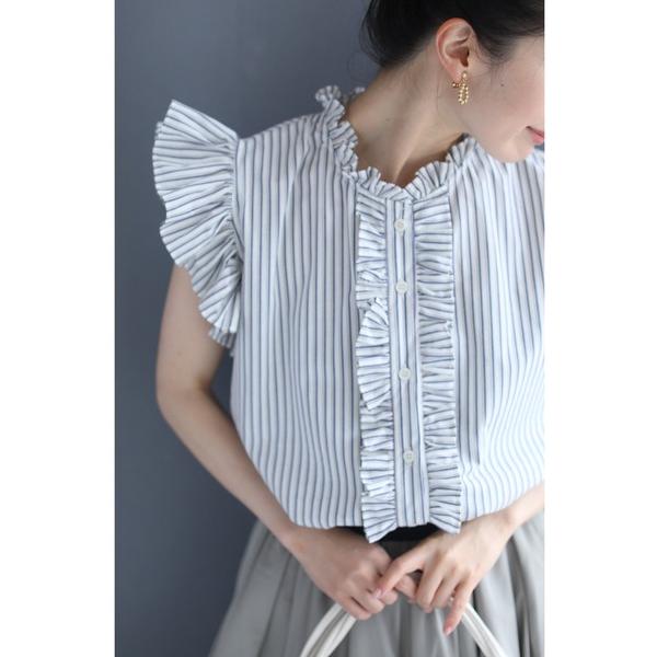 tシャツ シャープなストライプの肩フリルブラウストップス レディース