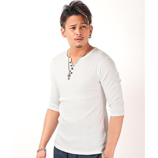 tシャツ ランダムテレコヘンリーネック5分袖Tシャツ メンズ