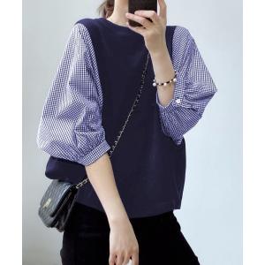 シャツ ブラウス 五分袖カットソードッキングギンガムチェックブラウス