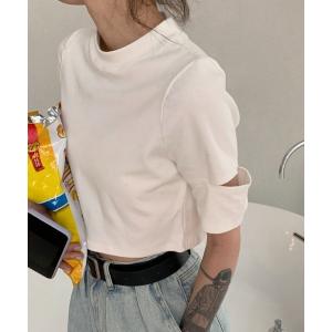 tシャツ クロップド丈オフネックカットアウトTシャツ レディース