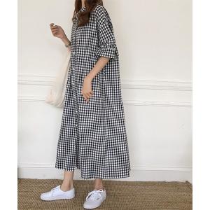 ワンピース ギンガムチェックコットンロングシャツワンピース