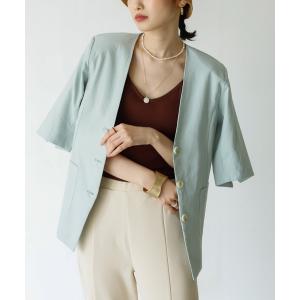 ジャケット ノーカラージャケット リネンタッチノーカラー3つボタンジャケット