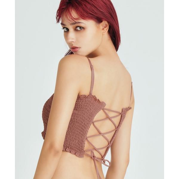 キャミソール シャーリングレースアップキャミソール