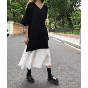 ワンピース レディース レイヤード風Aライン配色切り替えマキシワンピース