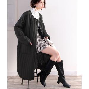 ノーカラーコート コート キルティング×パイピング。異素材キルティングコート レディース