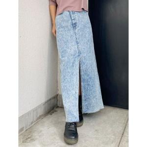 スカート デニム フロントスリットアシンメトリーケミカルデニムロングスカート