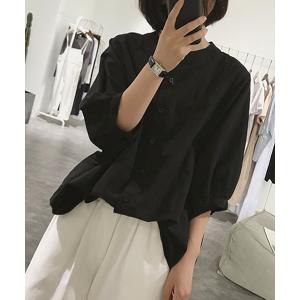シャツ ブラウス ノーカラーボリュームスリーブコットンシャツ レディース
