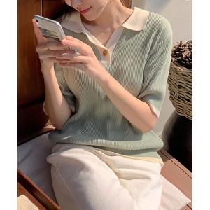 ニット セーター バイカラーポロシャツリブニット レディース