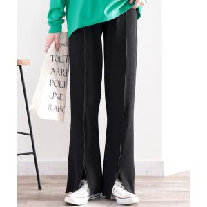 パンツ スラッと美脚見せ。スリット入りセンターメロウニットリブパンツ レディース