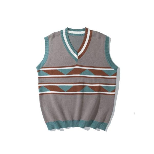 ベスト ジレ 「HOOK」古着風レトロ柄・幾何学模様・ボーダー柄・ 配色ベスト メンズ レディース