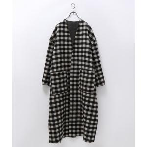 ノーカラーコート コート ノーカラーリバーシブルチェックコート/214768 レディース