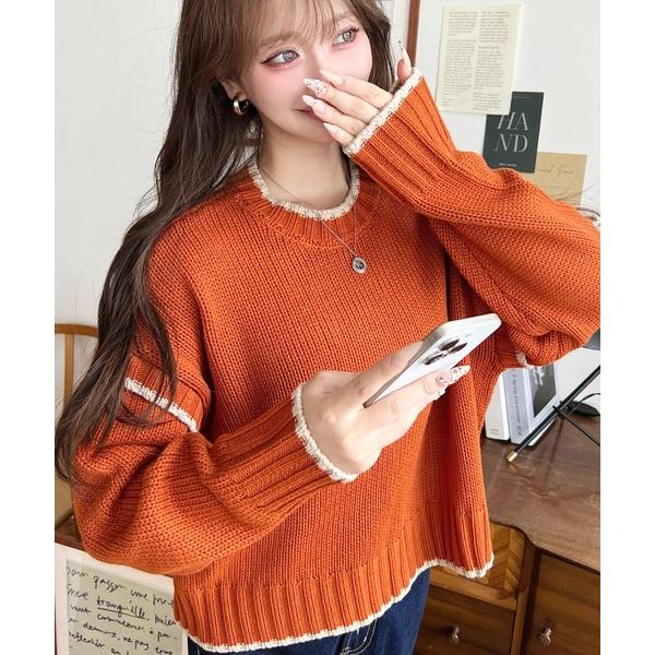 ニット セーター 「累計販売枚数1万枚突破！」ローゲージ配色ピコ編みニットプルオーバー レディース