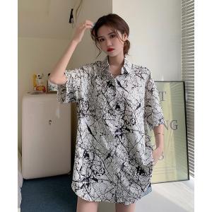 シャツ ブラウス オーバーシルエット総柄シャツ レディース