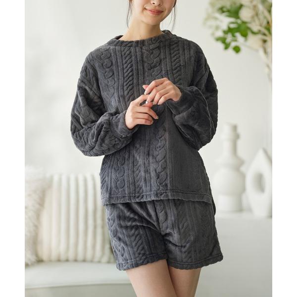 パジャマ ルームウェア 「温活ショートパンツ上下セット」ケーブルニット風もこもこフリースルームウェア...