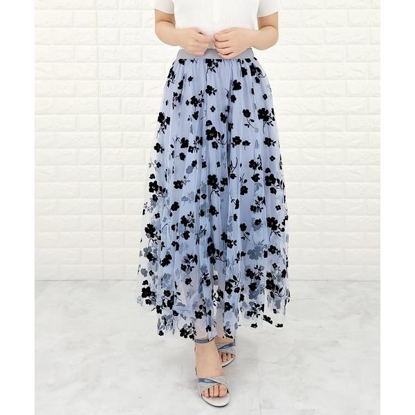 スカート 立体花柄 フロッキープリント チュールロングスカート