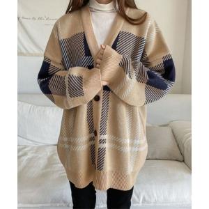 カーディガン 【DONGSINSA by SEOUL，KOREA】BIG CHECK V-NECK KNIT CARDIGAN ビックチェック Vネッ