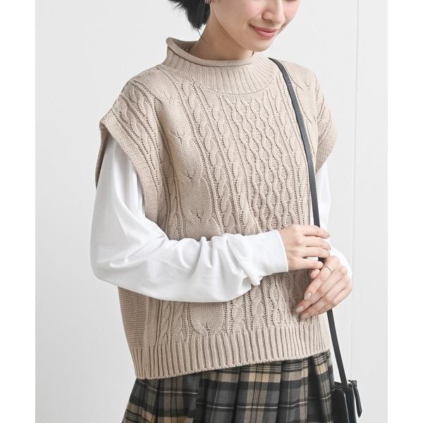 ベスト ジレ ロールネックケーブルニットベストアンサンブル レディース