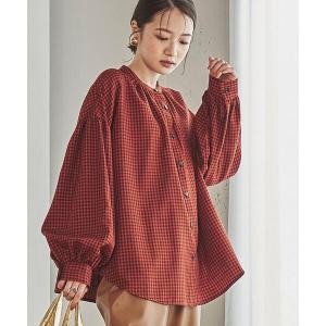 シャツ ブラウス チェック柄ギャザーブラウス