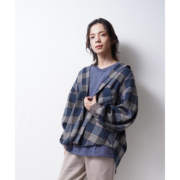 シャツ ビッグシルエットコーデュロイ袖ギャザークレリックチェックシャツ(IR) オーバーサイズ メン...