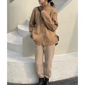 カーディガン 厚手長袖ハイネック暖かい麻編みカーディガン レディース
