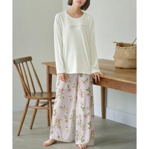 パジャマ ルームウェア レーヨンブレンド　ロゴTシャツ＆パンツセット レディース