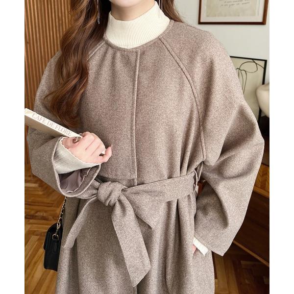 ノーカラーコート コート 杢ライトニットメルトンノーカラーケープコート レディース