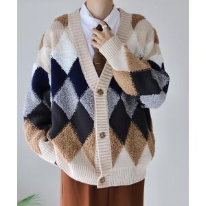 カーディガン アーガイル柄ボリュームカーディガン