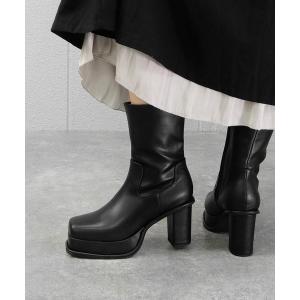 ブーツ ワイドスクエアトゥの厚底ピースミドルブーツ　 レディース