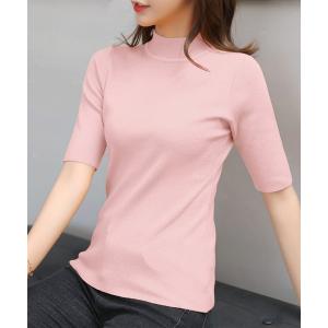 ニット レディース レディースモックネック半袖ニットトップス