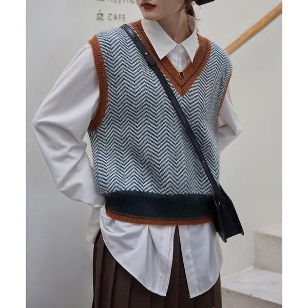 ベスト ジレ バイカラー　Vネック　ニットベスト レディース