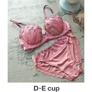 下着女性 上下セット 「ブラ＆ショーツ セット」線画調ステッチ×花柄　D-Ecup