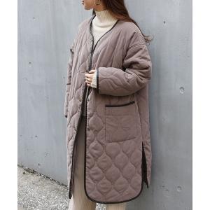 合皮パイピングピーチ起毛キルティングロングコート