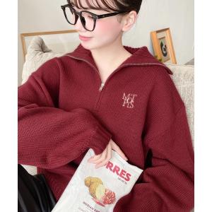 ニット セーター 「累計販売枚数1万枚突破！」ハーフジップワンポイント刺繍入りニットプルオーバー レディース