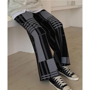 パンツ ミックスチェックワイドニットパンツ