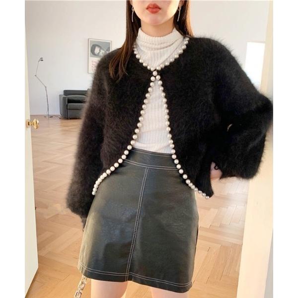 カーディガン パールパイピング シャギーファーカーディガン レディース