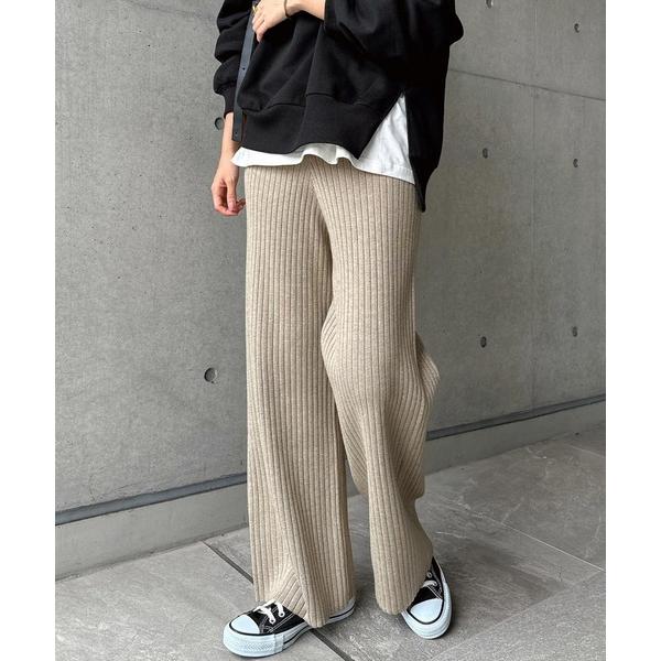 パンツ ストレッチリブニットワイドパンツ レディース