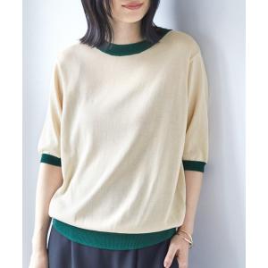 ニット 配色リンガー半袖ニットプルオーバー レディース