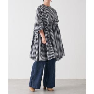 シャツ ブラウス 前後で着られる仕様にリニューアル先染めギャザーチュニックブラウス