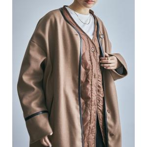 キルトライナー付きパイピングノーカラーロングコートセット レディース
