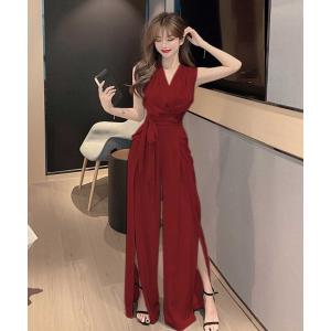 ドレス カシュクールサイドリボンスリットパンツドレス