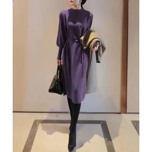 ワンピース ベルト付き　ハイネックロングニットワンピース