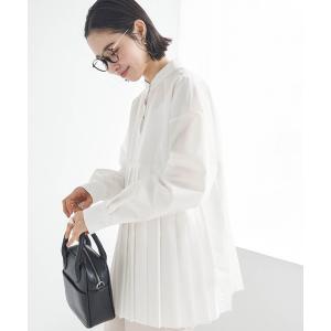 シャツ ブラウス プリーツ切り替えノーカラーチュニックブラウス