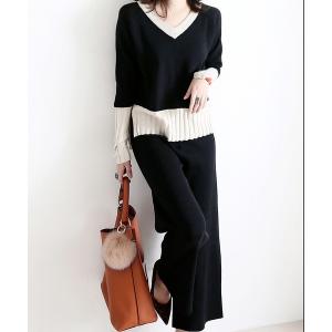 セットアップ バイカラーセットアップ　ニットトップス/パンツ レディース