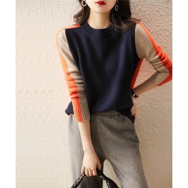 ニット セーター 配色クルーネックニットトップス レディース