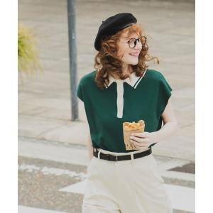 ポロシャツ 配色 フレンチスリーブニットポロプルオーバー