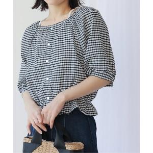 シャツ ブラウス ギンガムサッカースクエアネックペプラムブラウス